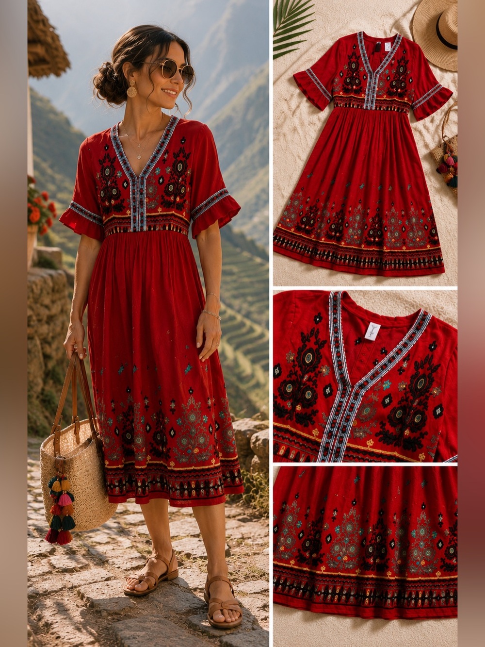 Boho Embroidered Red Midi Dress Small 40” Festival Cottagecore